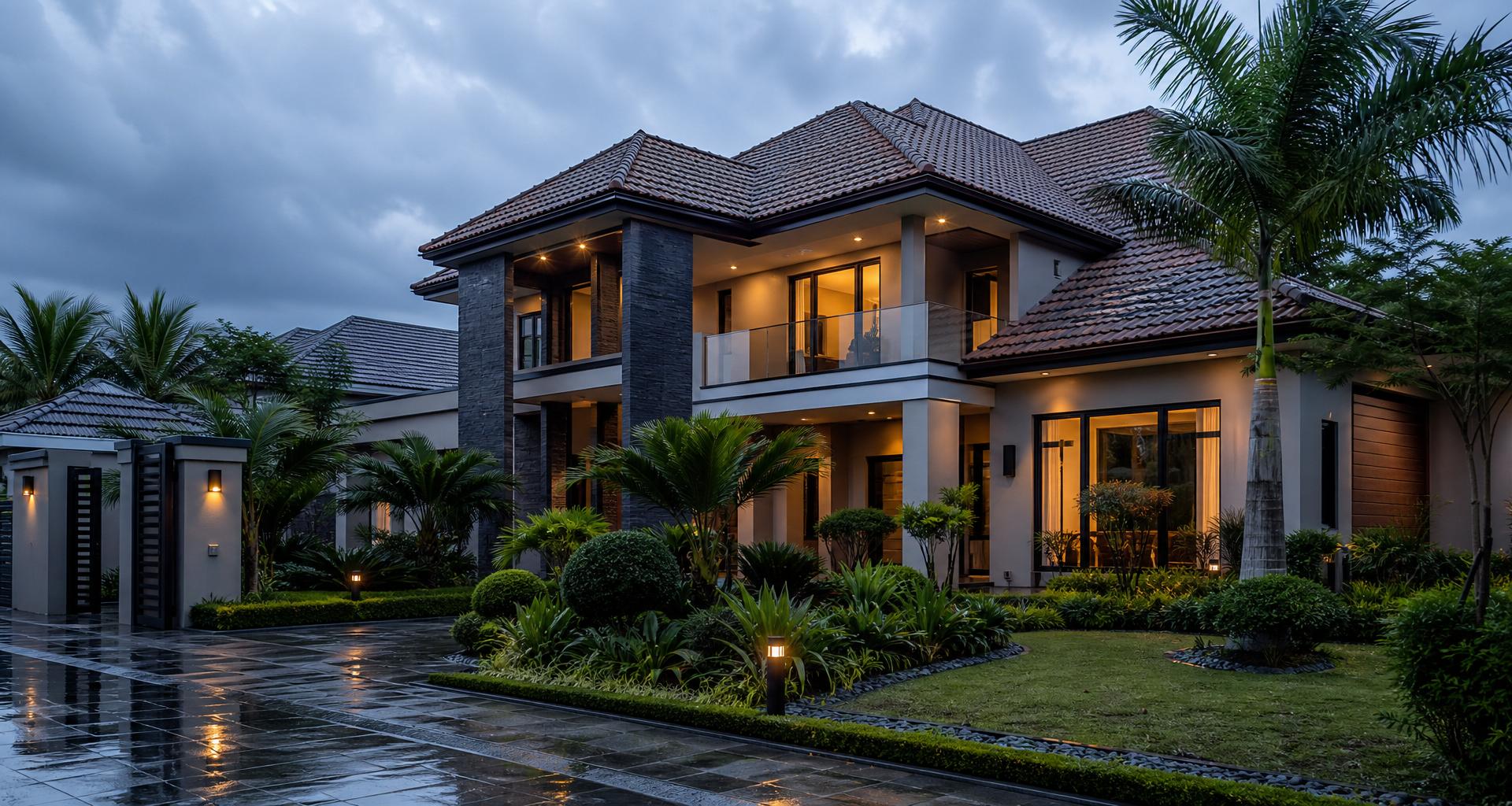 Luxury Nigerian villa with premium stone-coated roof at golden hour
